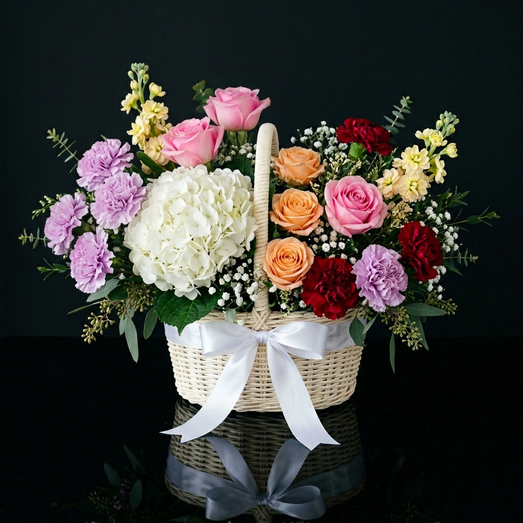 Mixed Roses Basket with Carnations & Hydrangea bloomsandbeansae