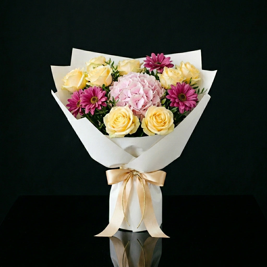Mother’s Day Golden Glow Rose & Hydrangea Bouquet bloomsandbeansae