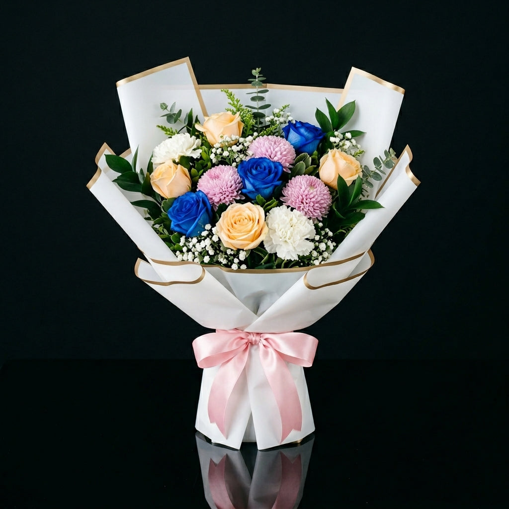 Mother’s Day Peach, Blue & Pink Mixed Rose Bouquet bloomsandbeansae