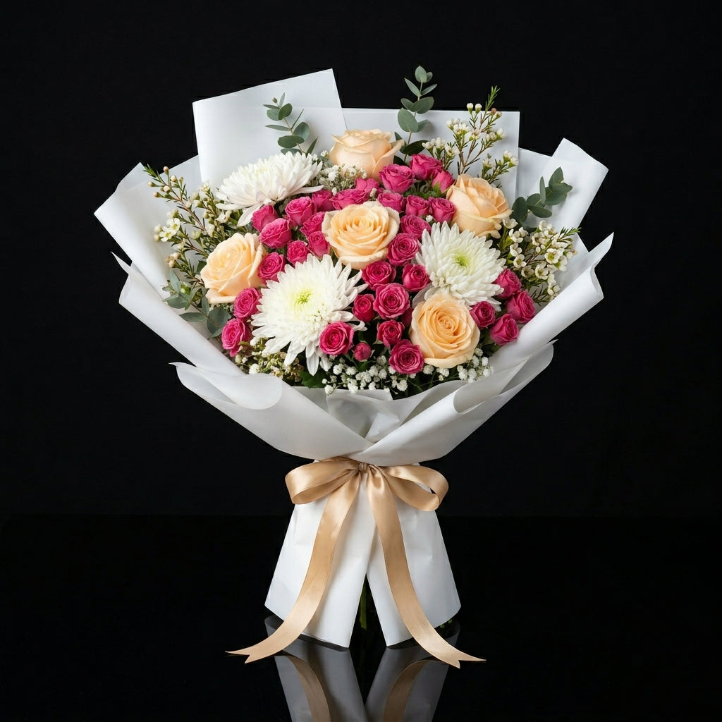 Mother’s Day Peach, Pink Rose & White Chrysanthemum Bouquet bloomsandbeansae