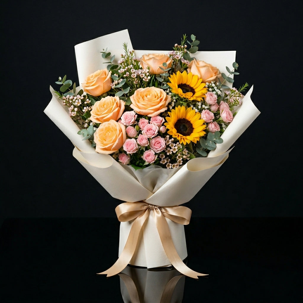 Mother’s Day Peach Rose & Sunflower Bouquet bloomsandbeansae