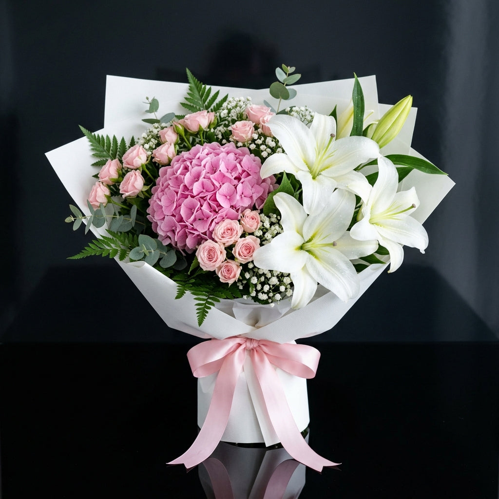 Mother’s Day Soft Pink Hydrangea & Lily Bouquet bloomsandbeansae