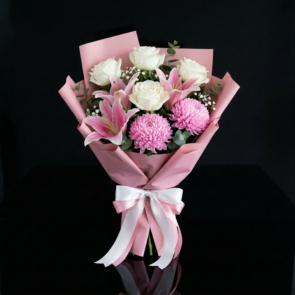 Mother’s Day Soft Pink Lily & White Rose Bouquet bloomsandbeansae