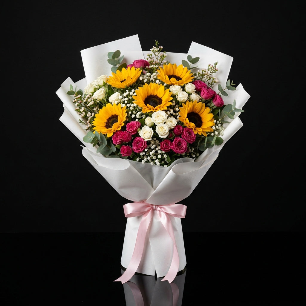 Mother’s Day Sunshine Sunflower & Baby Rose Bouquet bloomsandbeansae