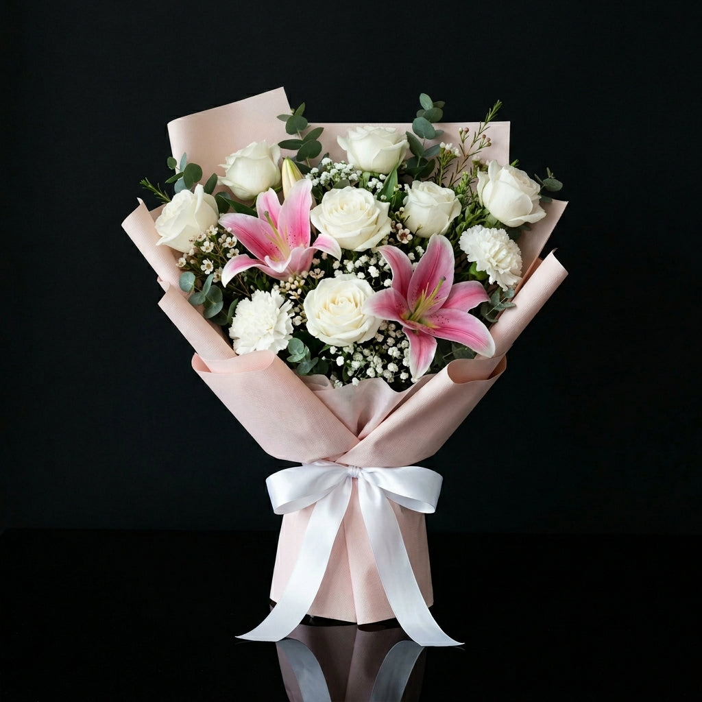 Mother’s Day White Rose & Pink Lily Grace Bouquet bloomsandbeansae