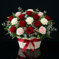 Off-White Flower Basket with 17 Red, White & Pink Roses bloomsandbeansae