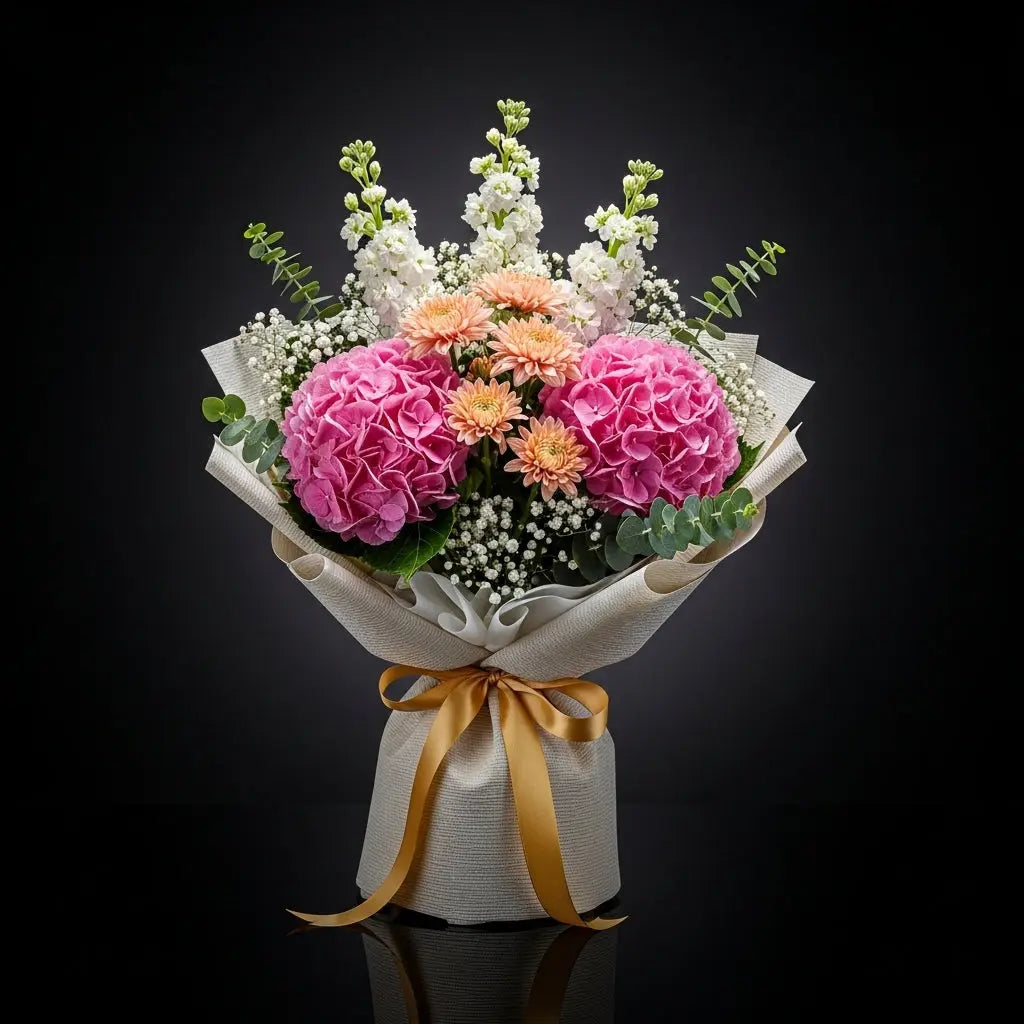 Peach Chrysanthemum, Hydrangea & Matthiola Bouquet for Anniversary bloomsandbeansae