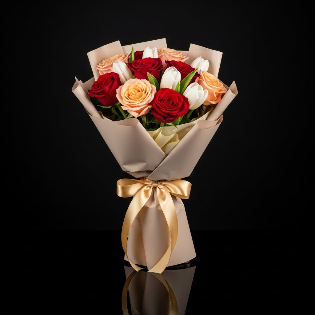 Peach, Red Roses & White Tulips Bouquet bloomsandbeansae