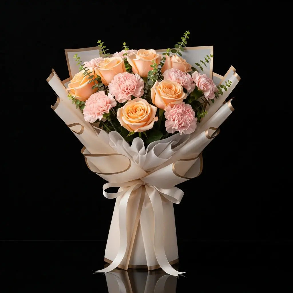 Peach Roses & Pink Carnations Bouquet for Anniversary bloomsandbeansae