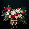 Pink & Peach Floral Basket with White Lilies and Red Matthiola bloomsandbeansae