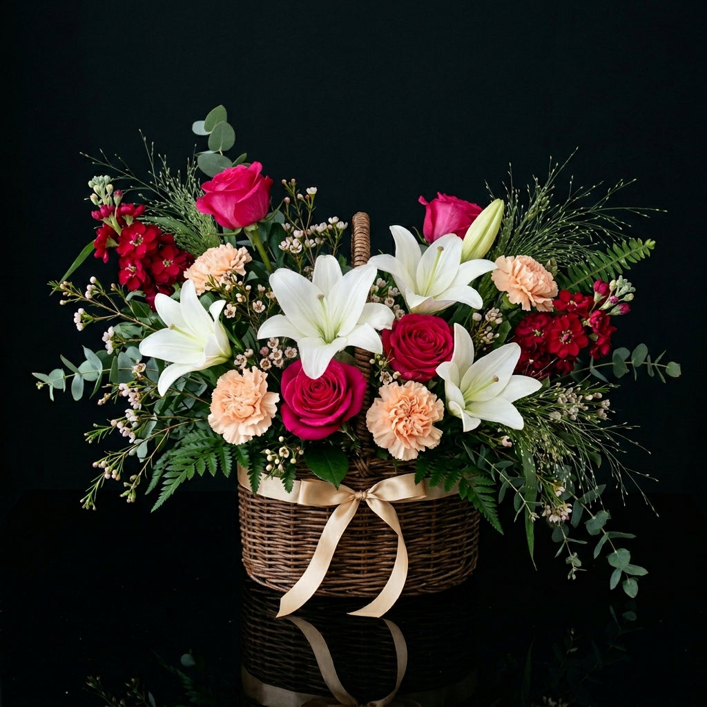 Pink & Peach Floral Basket with White Lilies and Red Matthiola bloomsandbeansae