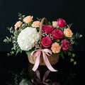 Pink & Peach Rose Basket with White Hydrangea bloomsandbeansae
