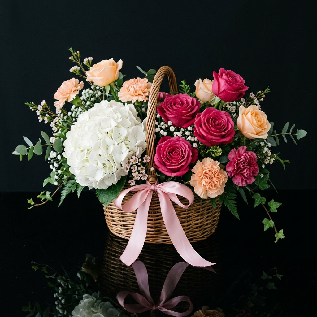 Pink & Peach Rose Basket with White Hydrangea bloomsandbeansae