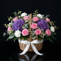 Pink Roses Basket with Purple Hydrangeas & White Carnations bloomsandbeansae