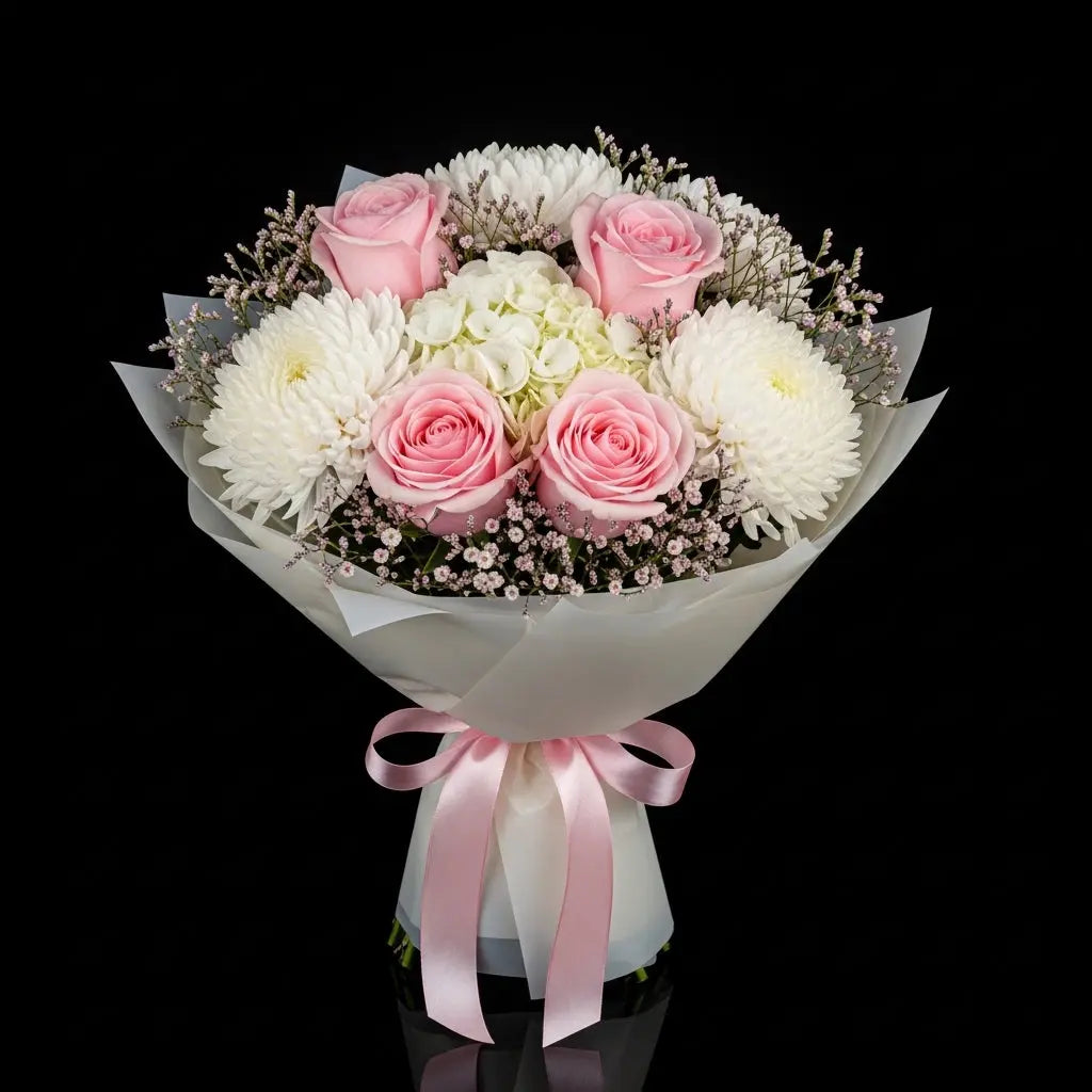 Pink Roses, Chrysanthemum & Hydrangea Bouquet for Anniversary bloomsandbeansae