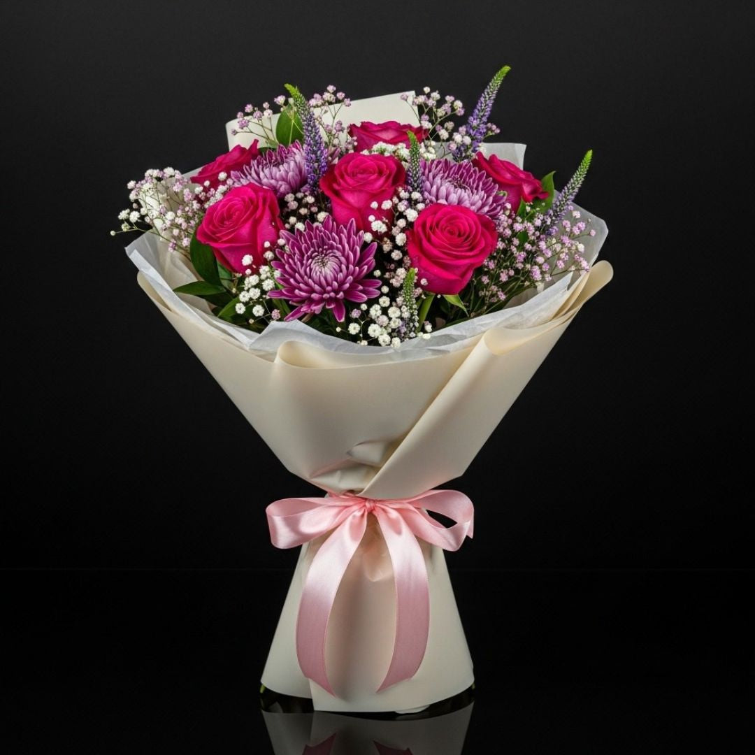 Pink Roses & Purple Chrysanthemum Success Bouquet bloomsandbeansae
