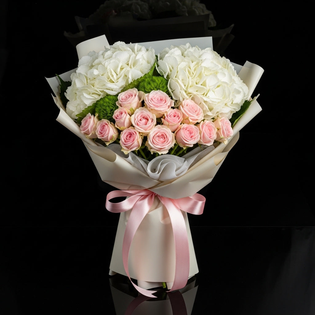 Pink Roses & White Hydrangea Bouquet for Birthday bloomsandbeansae
