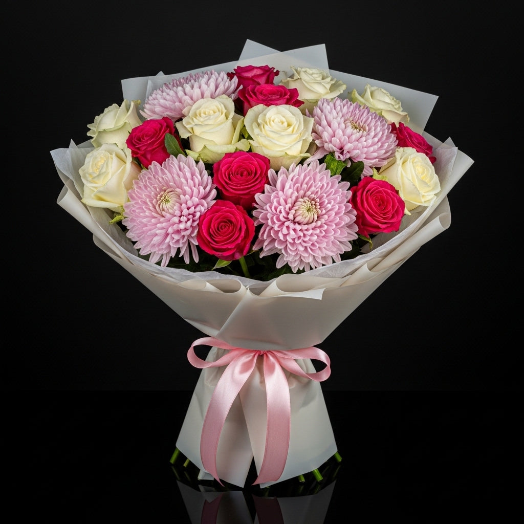 Pink & White Roses with Chrysanthemum Bouquet bloomsandbeansae