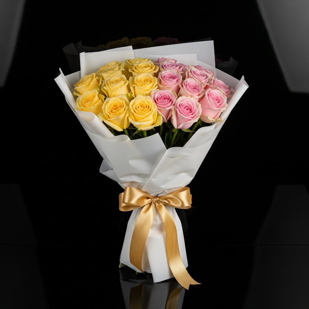Pink & Yellow Roses Bouquet - Happiness Bouquet bloomsandbeansae