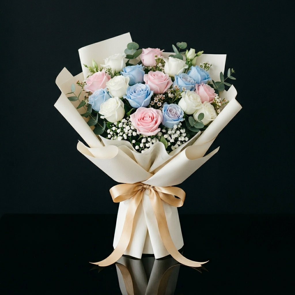 Premium Bouquet of 19 Pink, Blue & White Roses for Father’s Day bloomsandbeansae