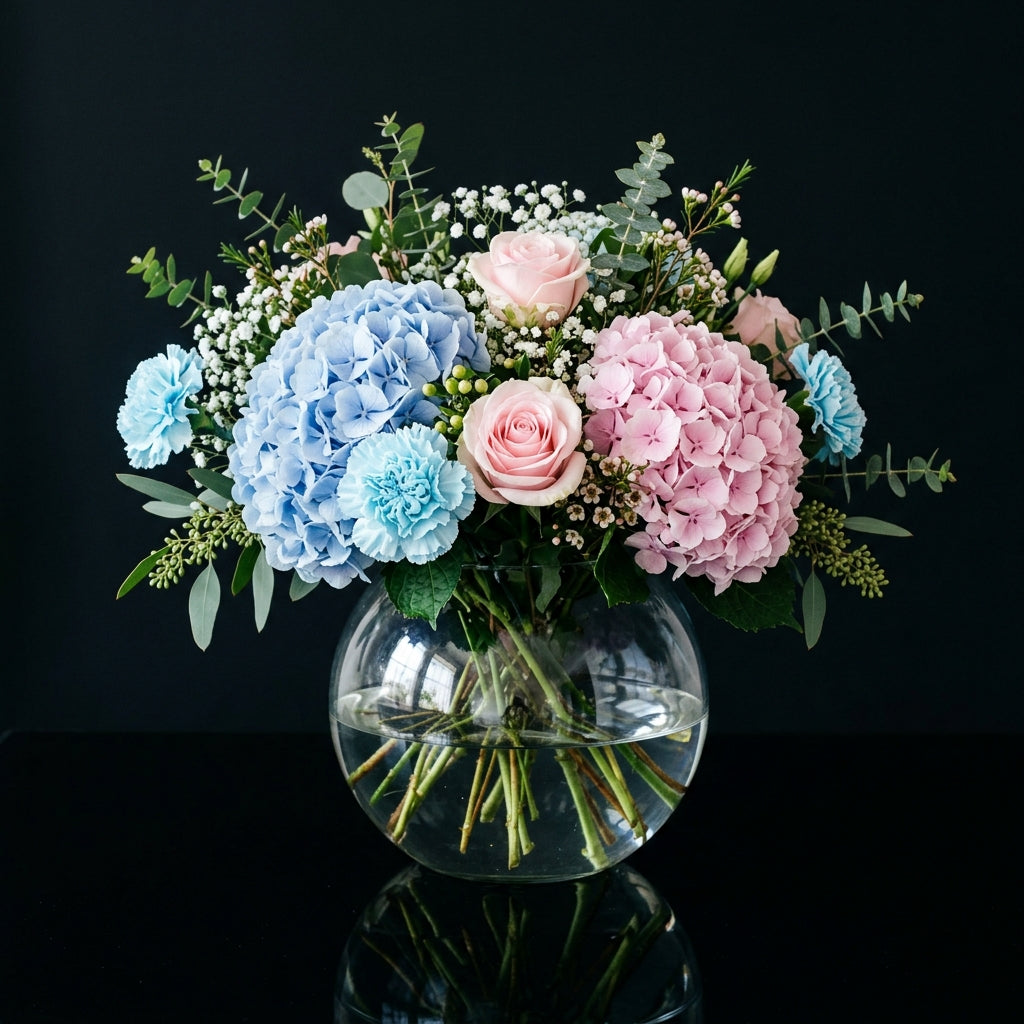 Premium Large Round Vase with Roses, Carnations & Hydrangea bloomsandbeansae