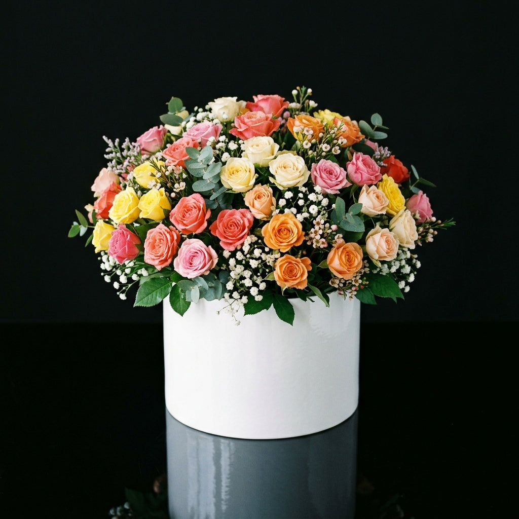 Premium White Round Flower Box with 45 Multicolor Roses bloomsandbeansae