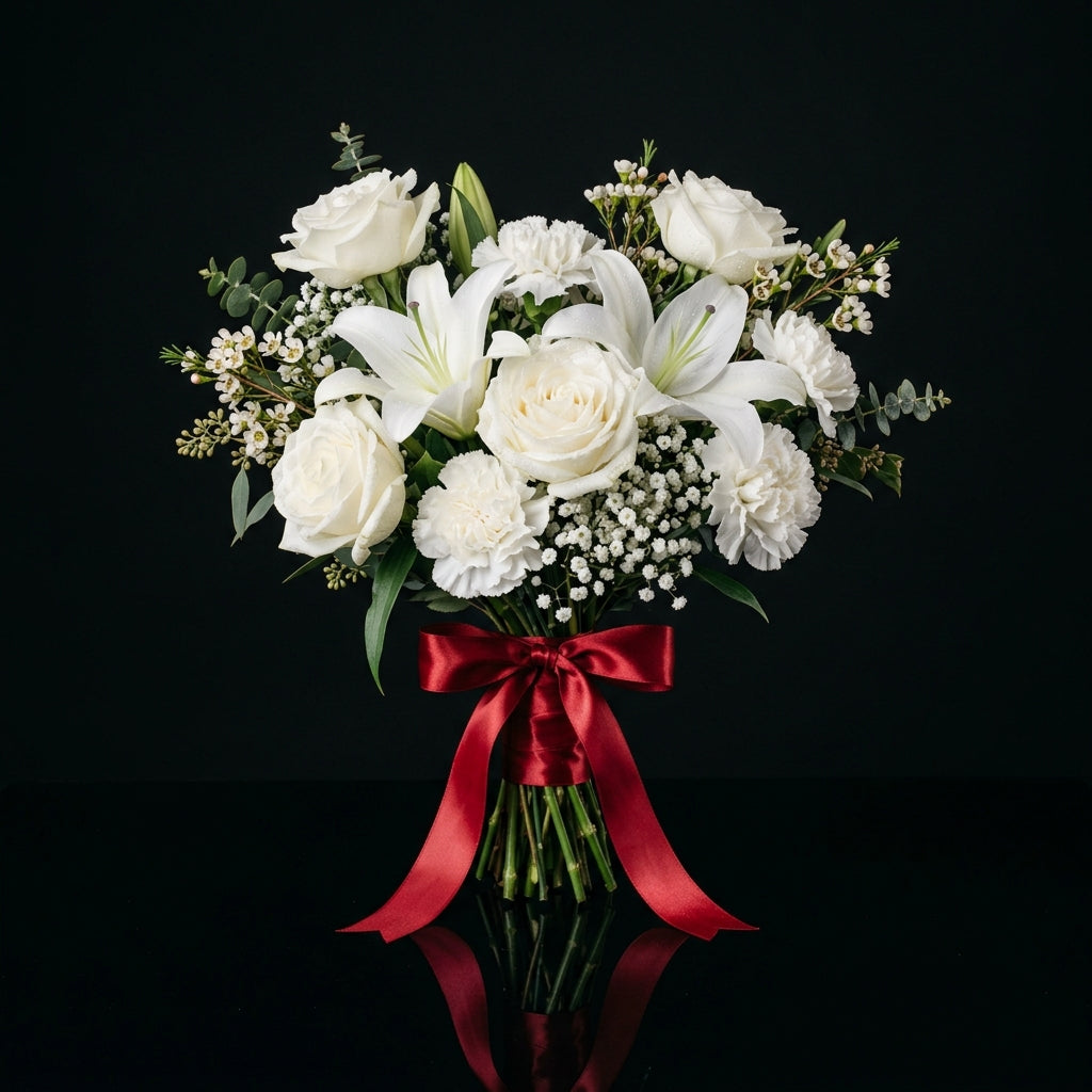 Pure Bridal Bouquet of White Roses, Carnations & Lilies bloomsandbeansae