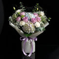 Purple Roses, White Carnations & Blue Hydrangea Bouquet for Birthday bloomsandbeansae