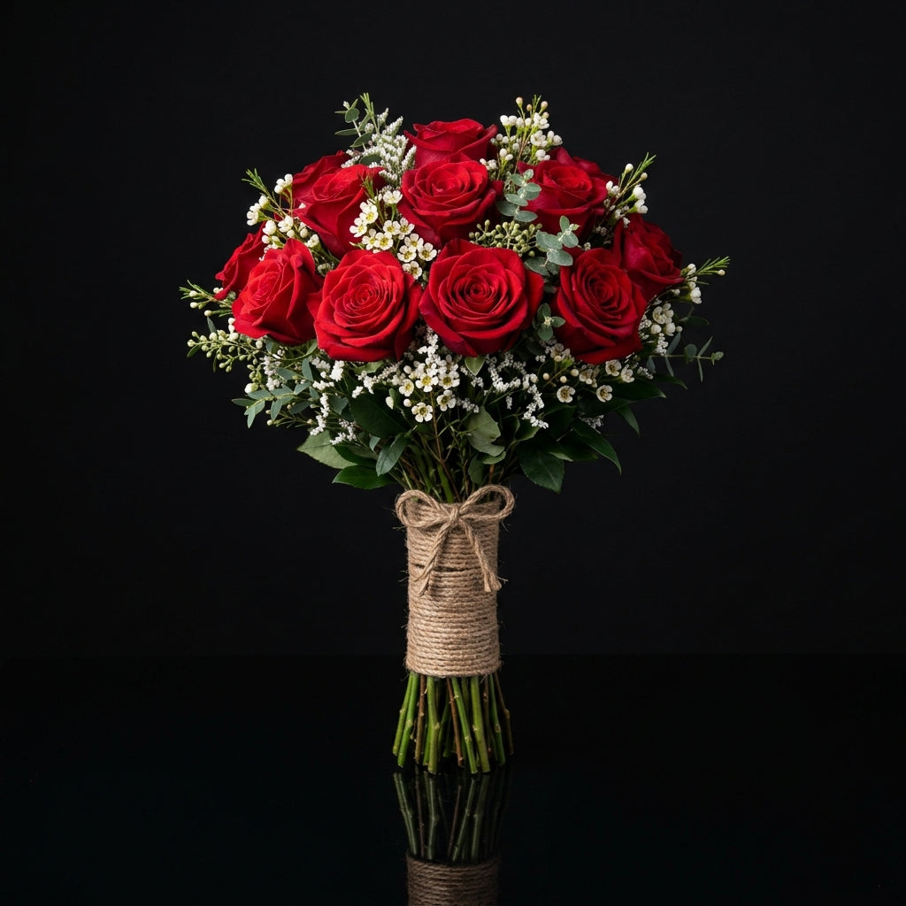 Radiant Bridal Bouquet of 12 Red Roses bloomsandbeansae