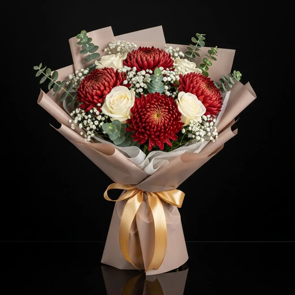 Red Chrysanthemum & White Rose Bouquet for Anniversary bloomsandbeansae