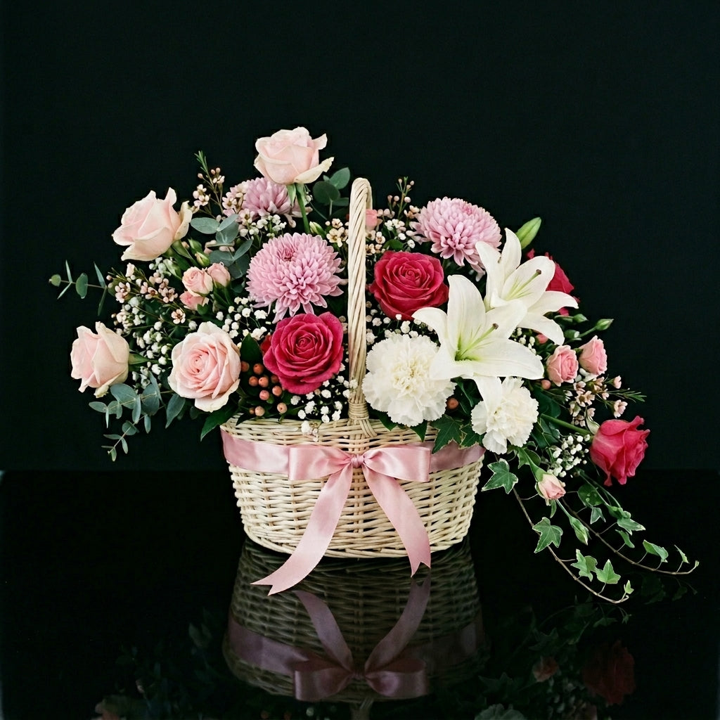 Romantic Pink & White Floral Basket with Lilies and Roses bloomsandbeansae