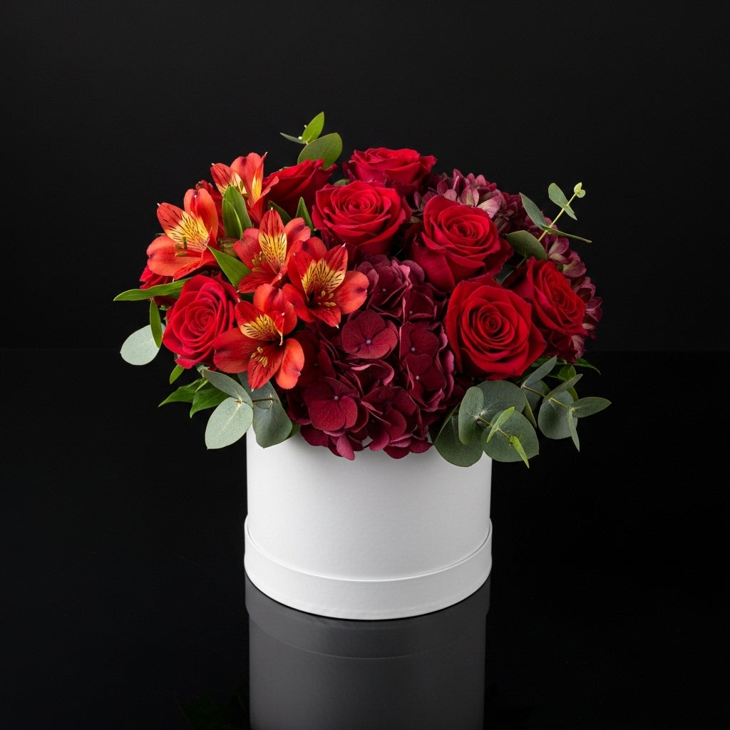 Romantic White Round Flower Box with Red Roses, Alstroemeria & Hydrangea bloomsandbeansae