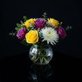 Small Round Vase with Purple, Yellow Roses & Chrysanthemum bloomsandbeansae
