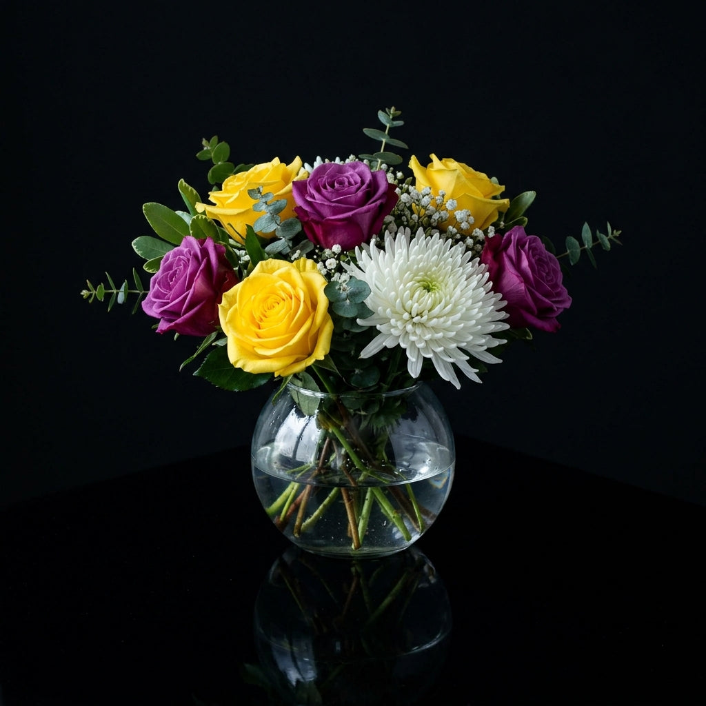 Small Round Vase with Purple, Yellow Roses & Chrysanthemum bloomsandbeansae