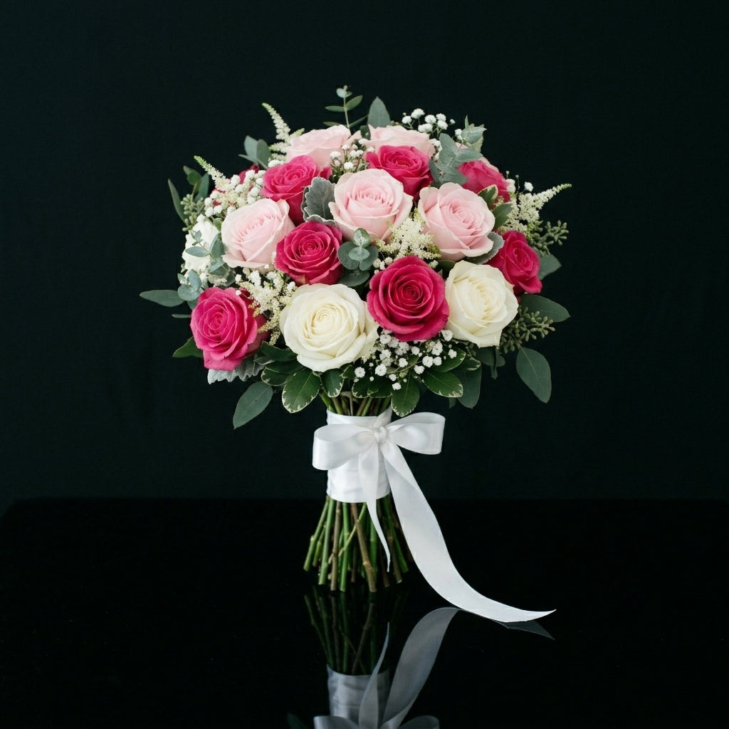 Soft Bridal Bouquet of White & Pink Roses bloomsandbeansae