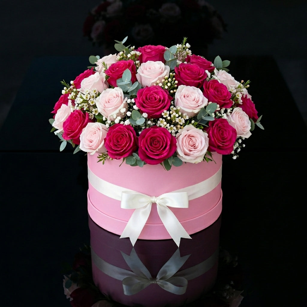 Soft Pink Round Flower Box with 25 Pink Roses bloomsandbeansae