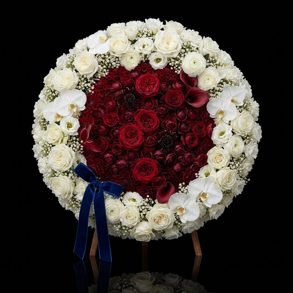 Standing Funeral Wreath with Red Roses & Calla Lily Center, White Floral Outer Ring & Blue Velvet Bow on Easel Stand bloomsandbeansae