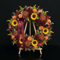 Standing Funeral Wreath with Sunflowers, Roses, Dianthus & Calla Lilies on Easel Stand bloomsandbeansae