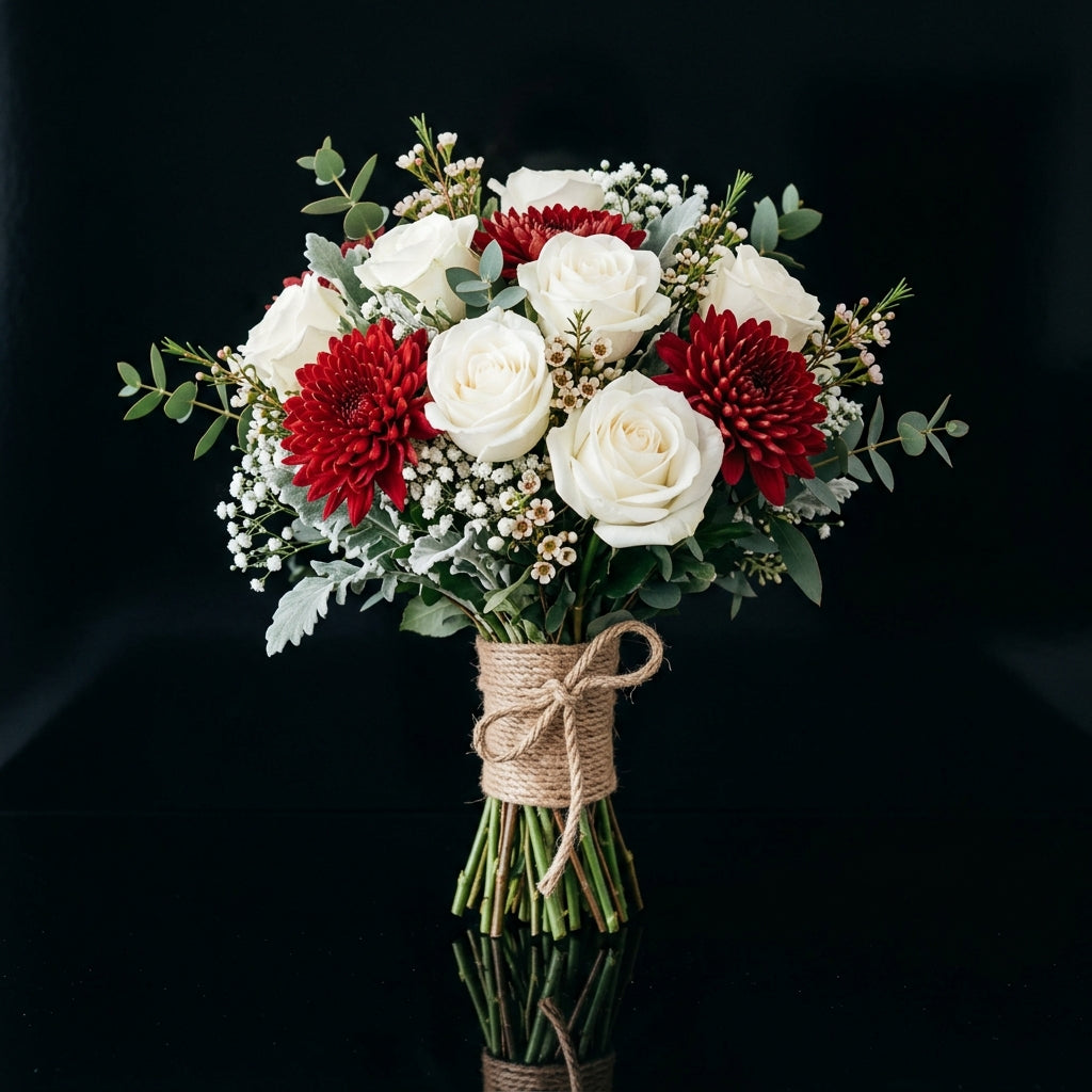 Striking Bridal Bouquet of White Roses & Red Chrysanthemums bloomsandbeansae