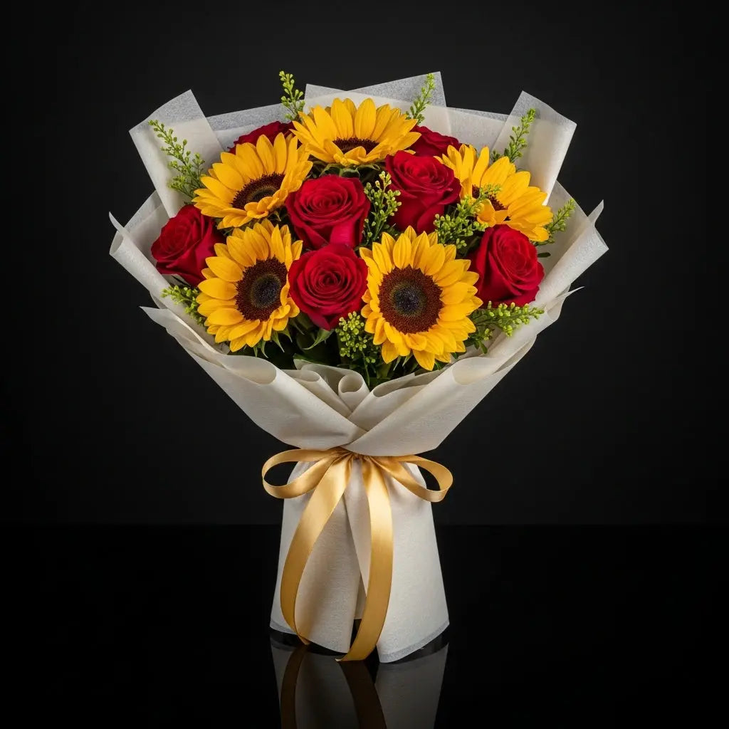 Sunflower & Red Rose Bouquet for Anniversary bloomsandbeansae