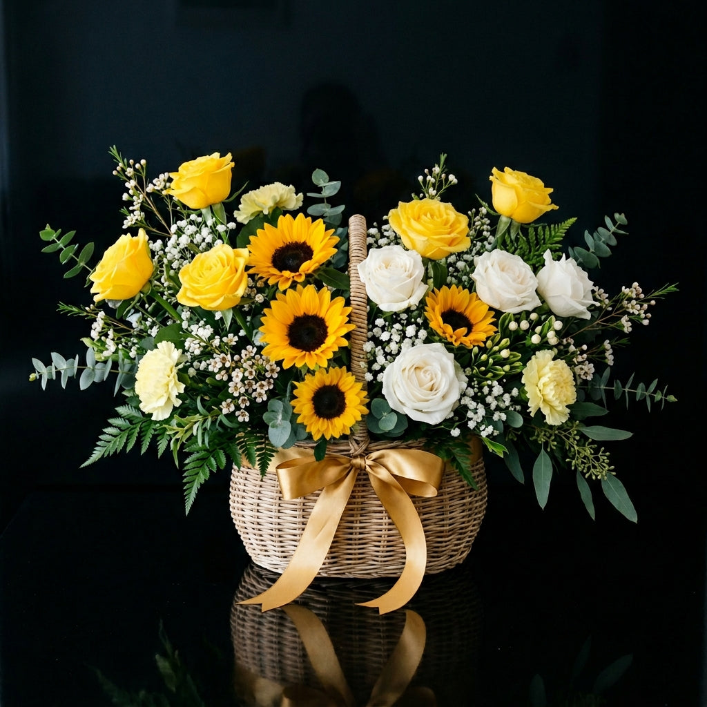 Sunny White & Yellow Rose Basket with Sunflowers bloomsandbeansae