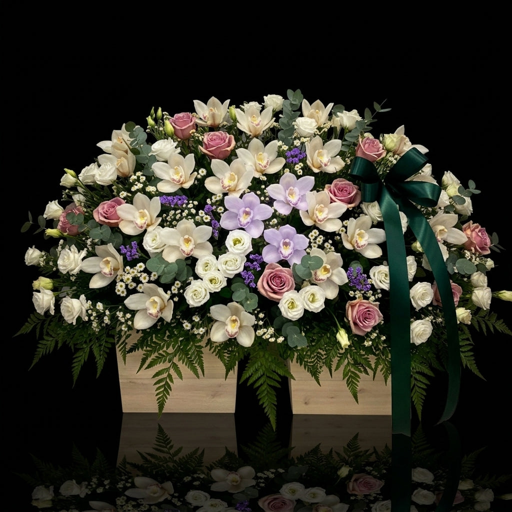 Sympathy Casket Spray with Orchids, Roses, Fillers, Secondary Flowers & Greenery bloomsandbeansae