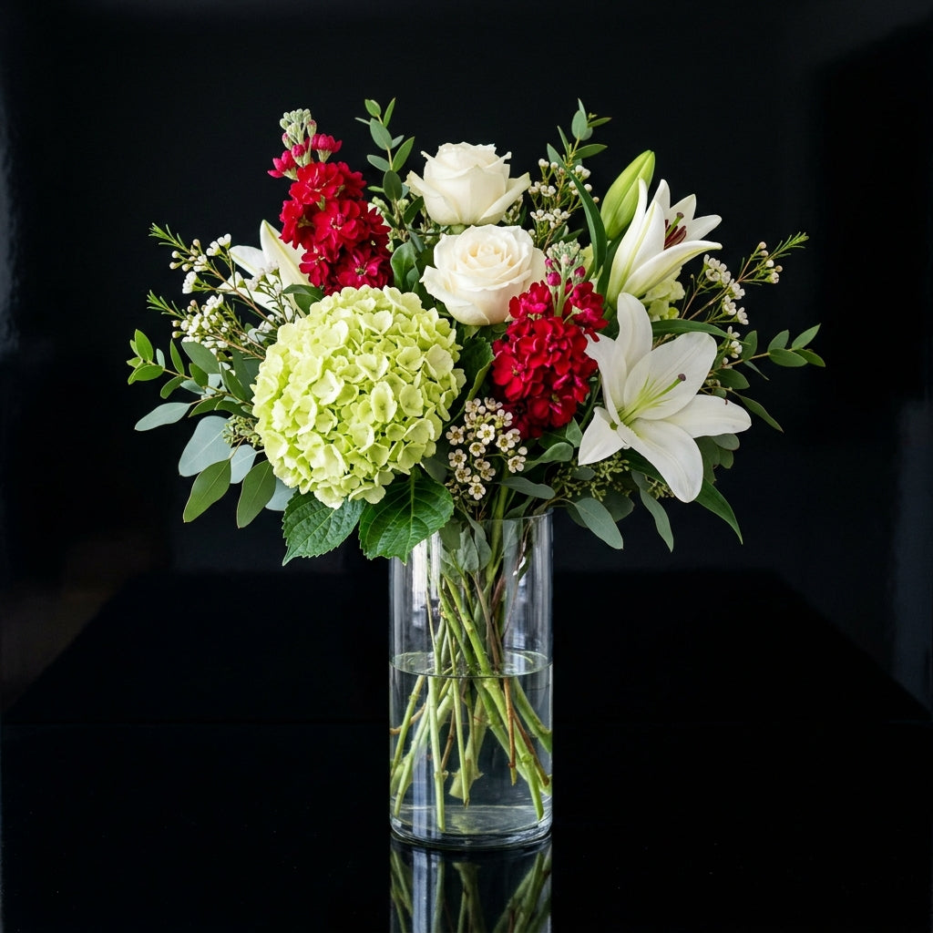 Tall Vase with Green Hydrangea, Lilies & Roses bloomsandbeansae