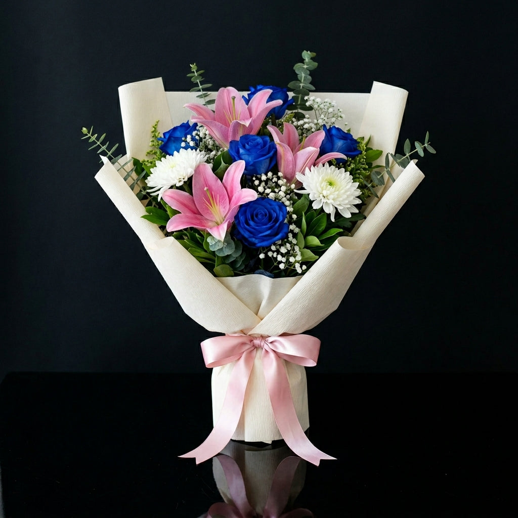 Teacher’s Day Elegant Blue Rose & Pink Lily Bouquet bloomsandbeansae