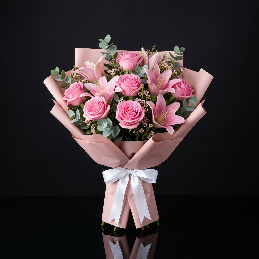 Teacher’s Day Pink Roses & Lilies Elegance Bouquet bloomsandbeansae