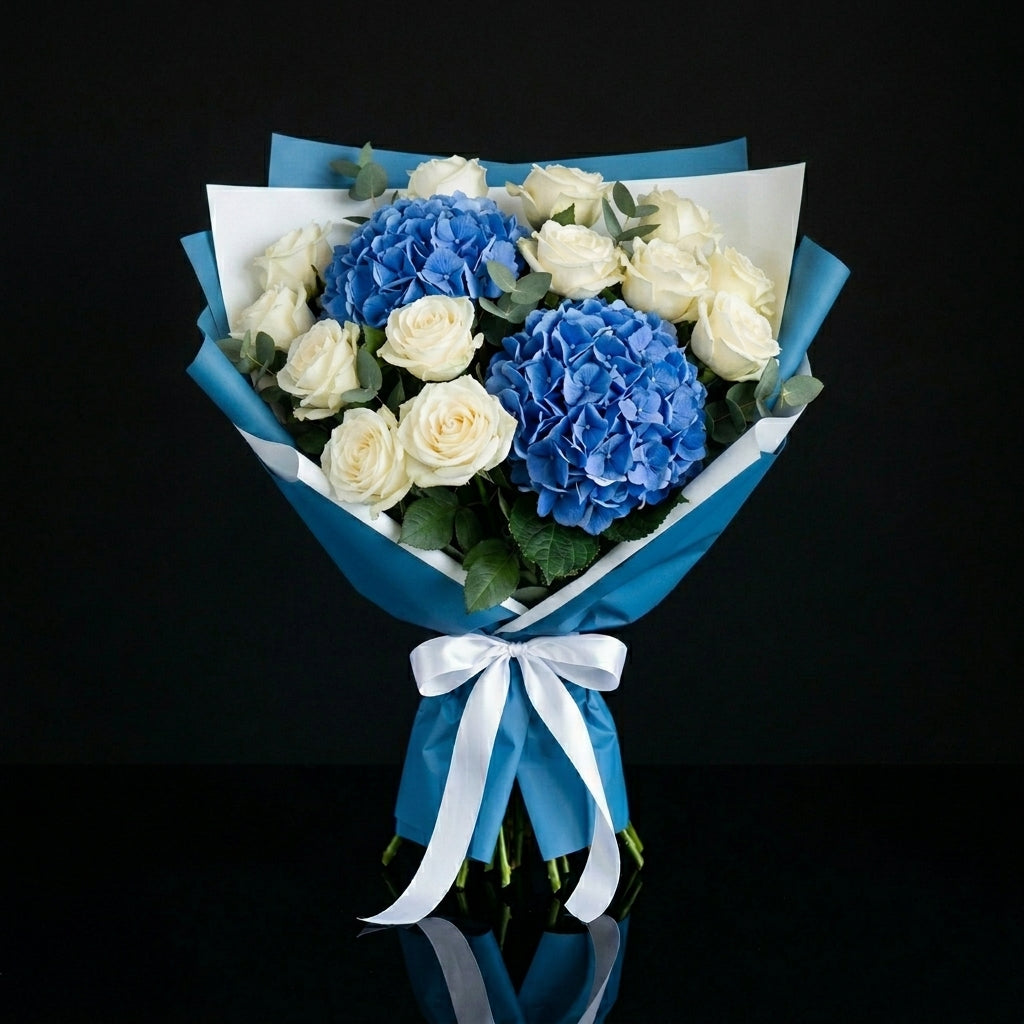 Teacher’s Day Royal Blue Hydrangea & White Rose Bouquet bloomsandbeansae