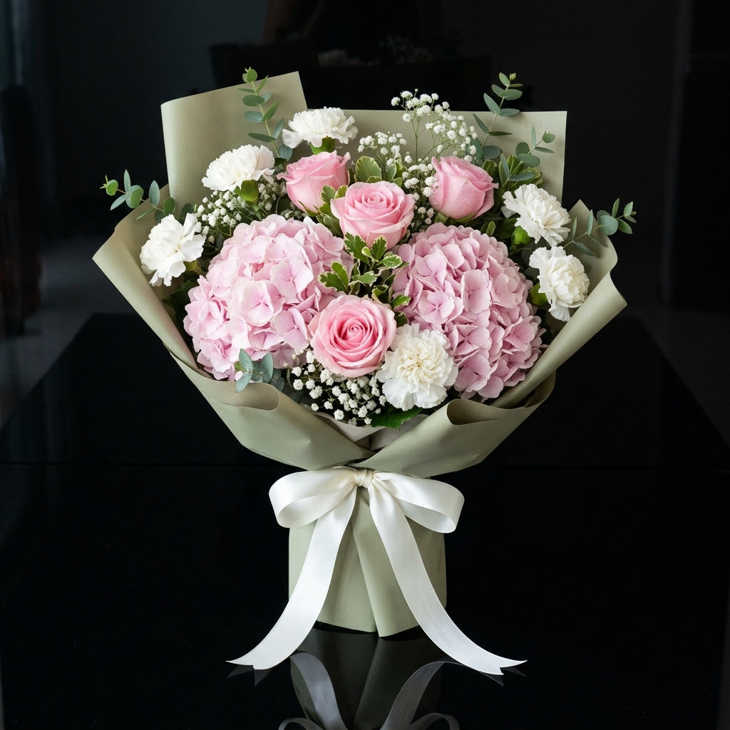 Teacher’s Day Soft Pink Hydrangea, Rose & White Carnation Bouquet bloomsandbeansae
