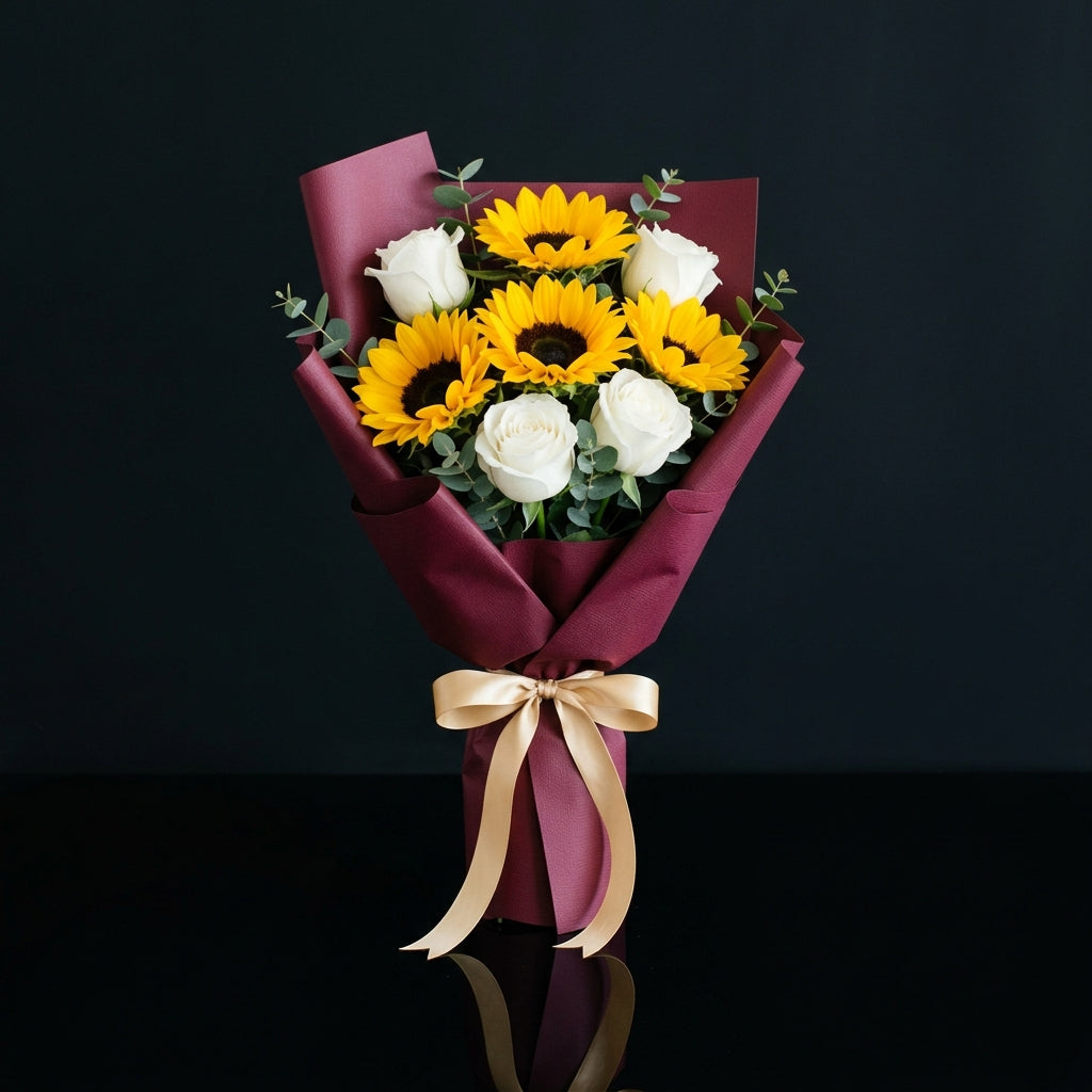 Teacher’s Day Sunflower & White Rose Mixed Bouquet bloomsandbeansae