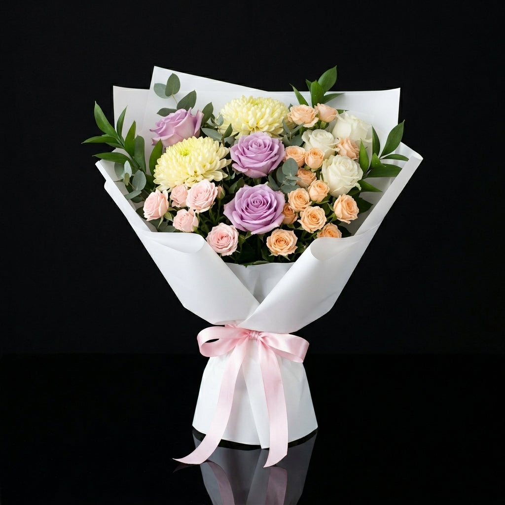 Teacher’s Day White, Purple & Pastel Mixed Rose Bouquet bloomsandbeansae