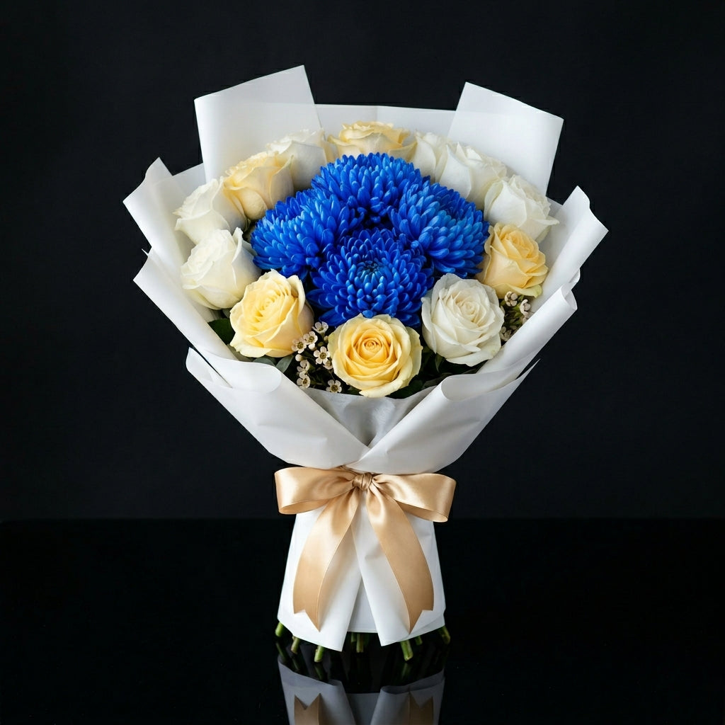 Teacher’s Day White & Yellow Rose with Blue Chrysanthemum Bouquet bloomsandbeansae